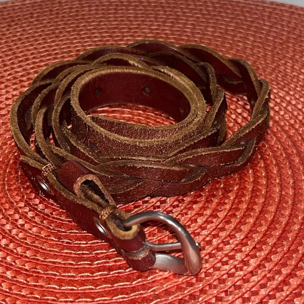 Vintage Braid Leather Belt Solid Brown Pants Belt Classic Round Pin Buckle Women